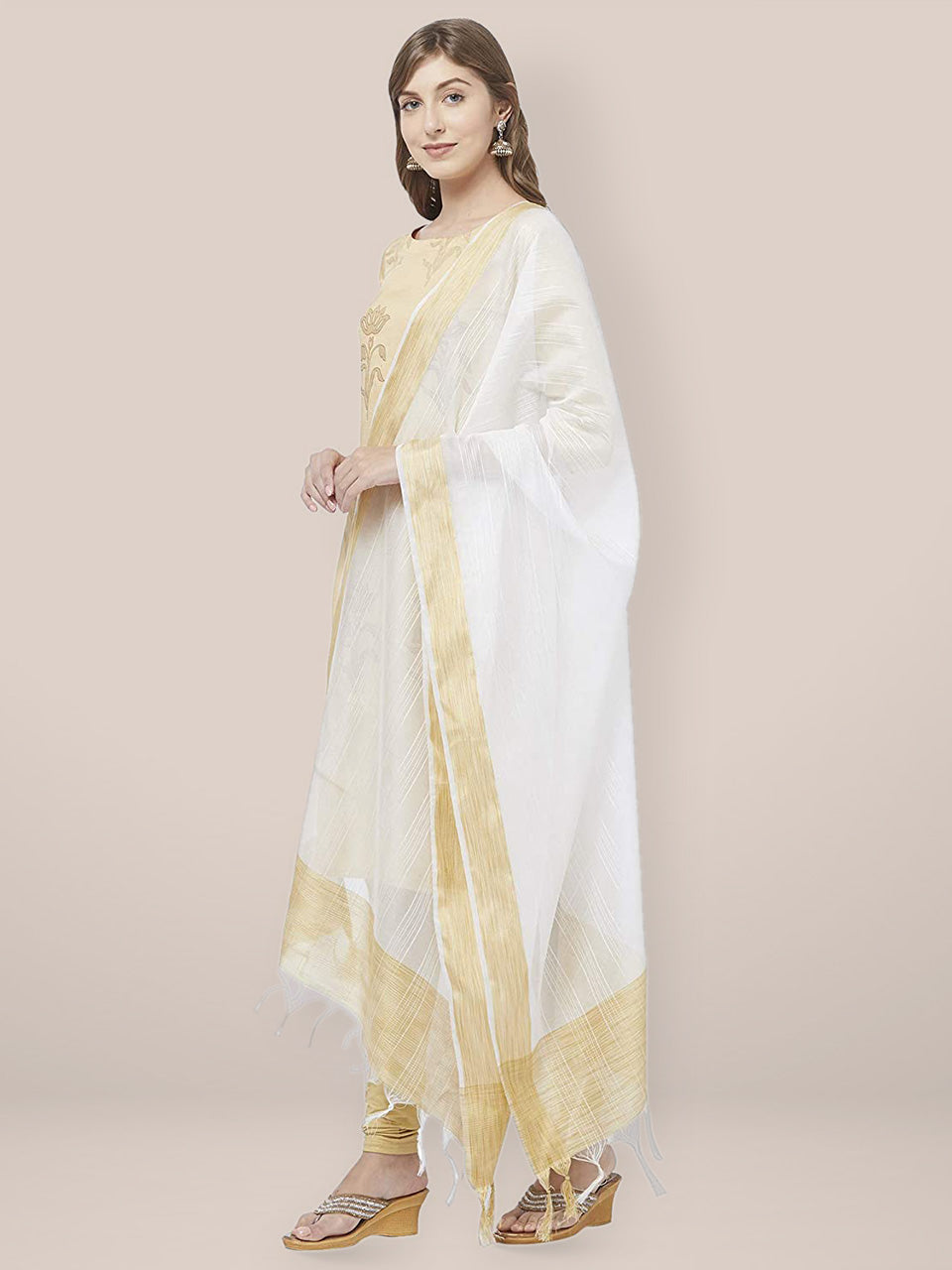 White Cotton Silk Dupatta with Gold Border. freeshipping - Dupatta Bazaar