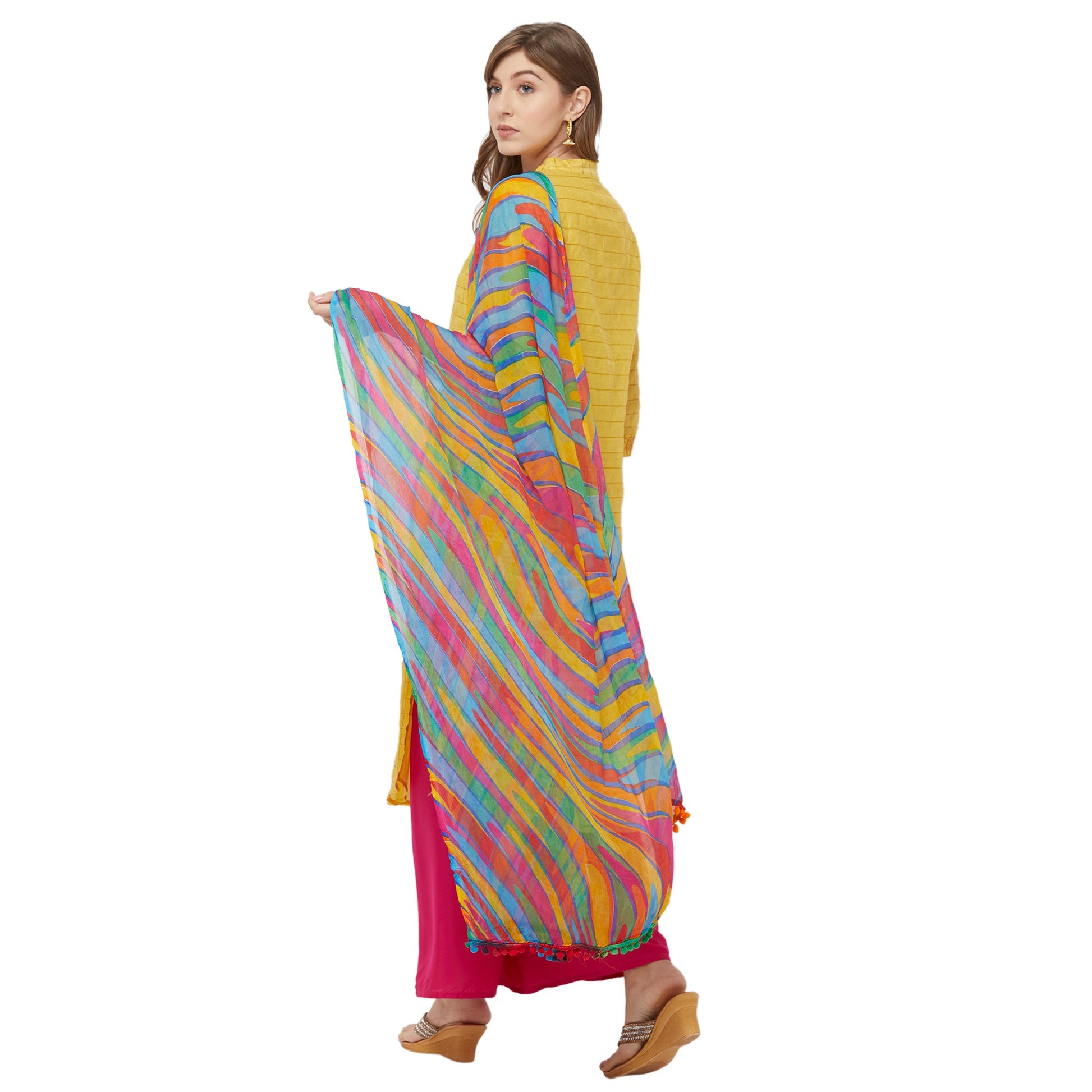 Dupatta Bazaar Woman's Multicoloured Printed Chiffon Dupatta with Pom Pom. - Dupatta Bazaar