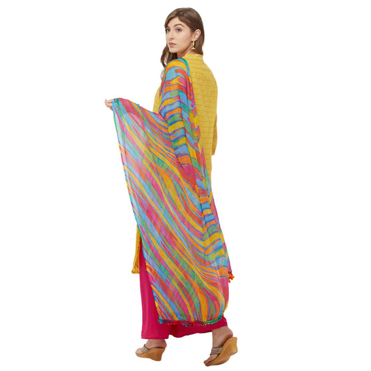 Dupatta Bazaar Woman's Multicoloured Printed Chiffon Dupatta with Pom Pom. - Dupatta Bazaar