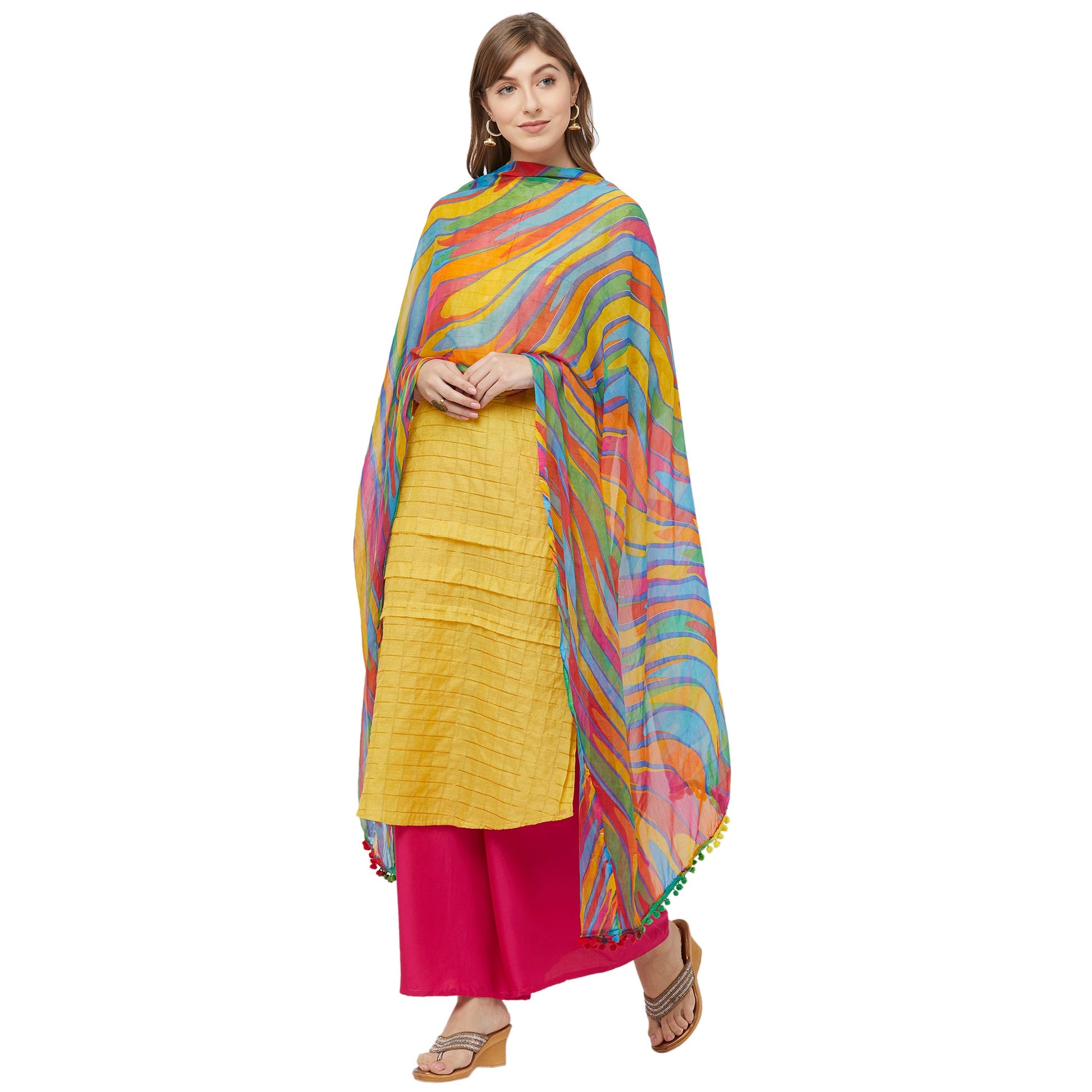 Dupatta Bazaar Woman's Multicoloured Printed Chiffon Dupatta with Pom Pom. - Dupatta Bazaar