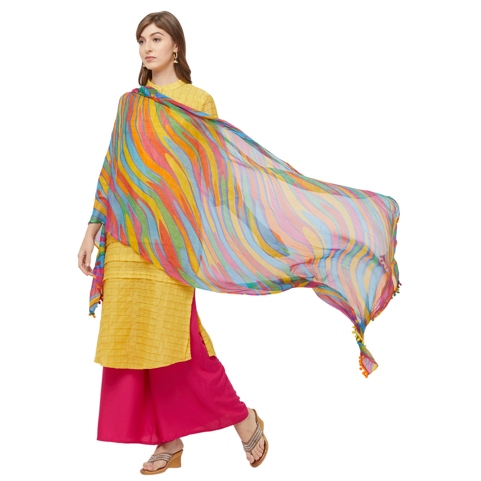 Dupatta Bazaar Woman's Multicoloured Printed Chiffon Dupatta with Pom Pom. - Dupatta Bazaar