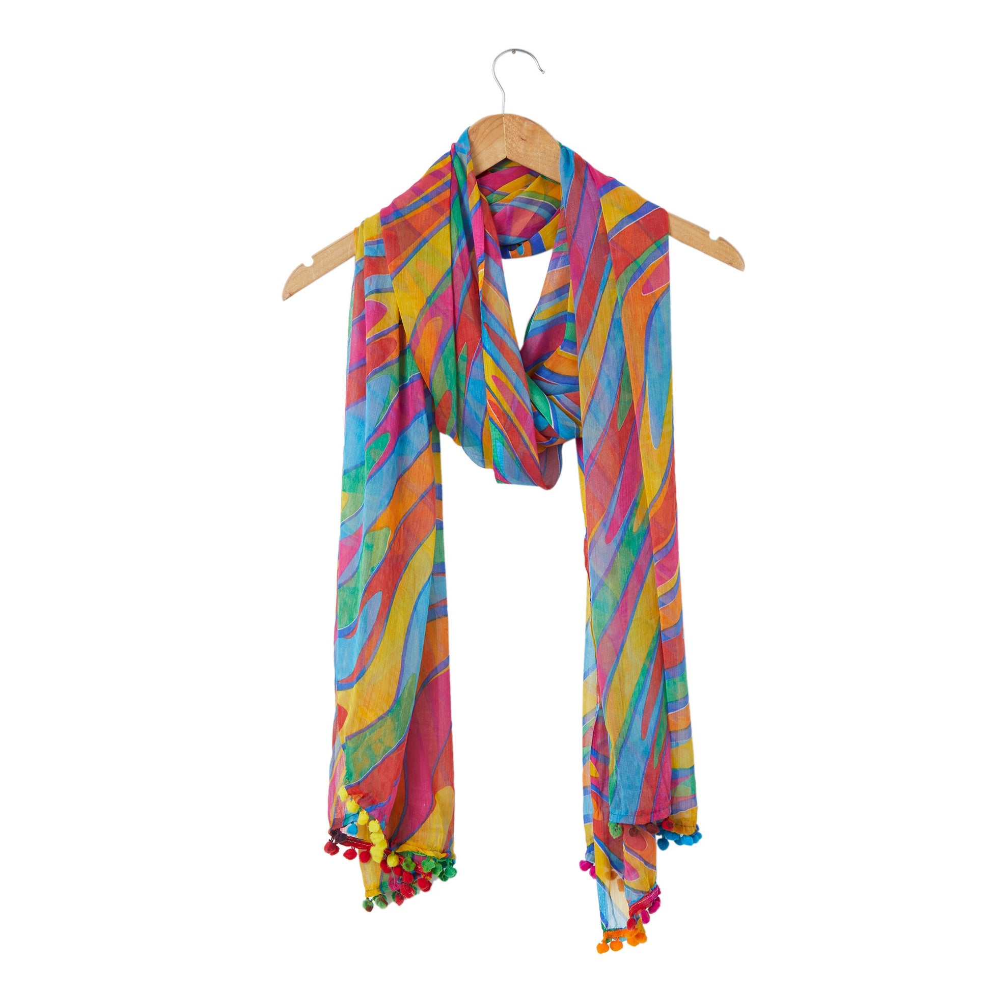 Dupatta Bazaar Woman's Multicoloured Printed Chiffon Dupatta with Pom Pom. - Dupatta Bazaar