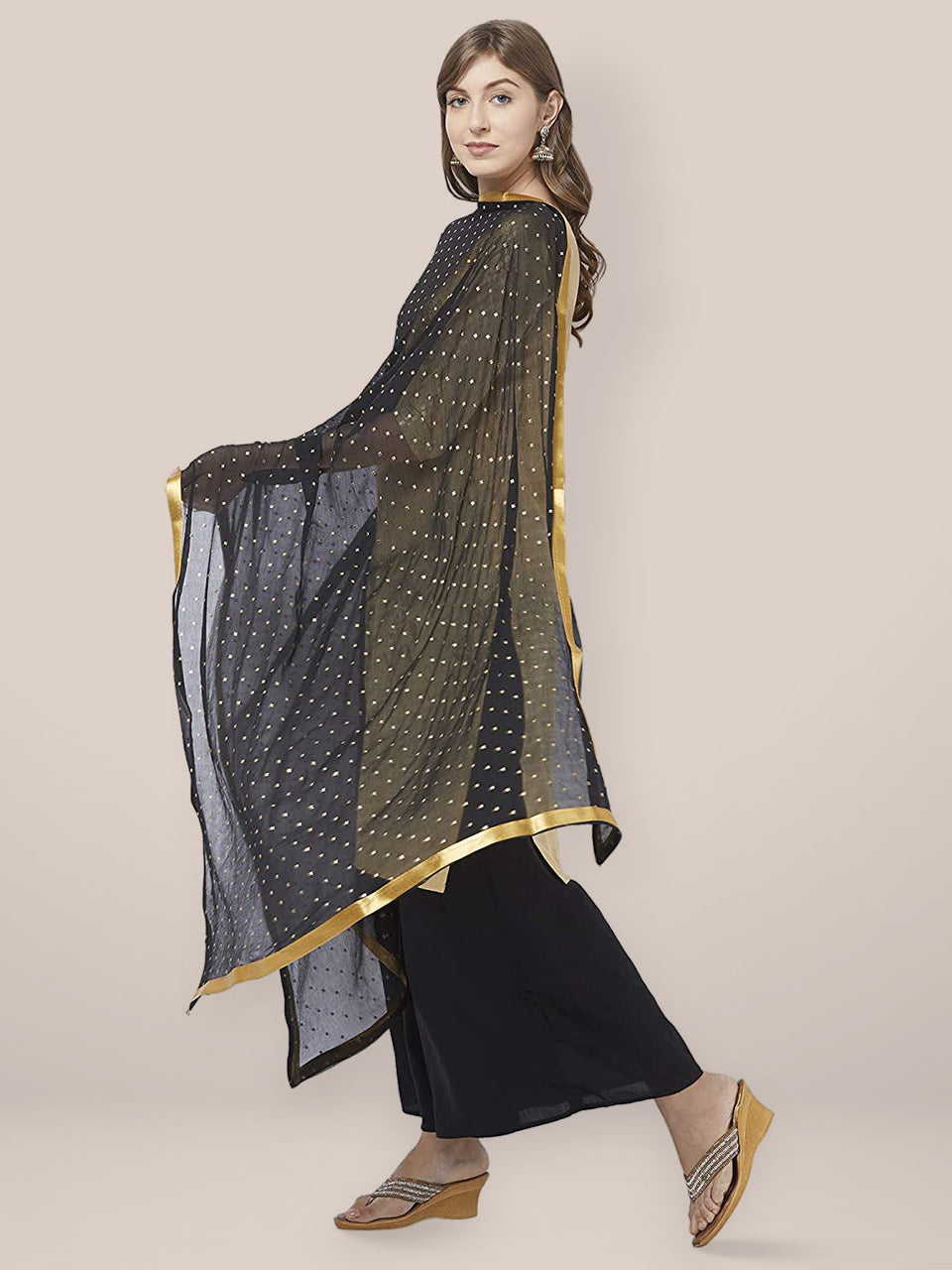 Embellished Black & Gold Chiffon Dupatta. freeshipping - Dupatta Bazaar