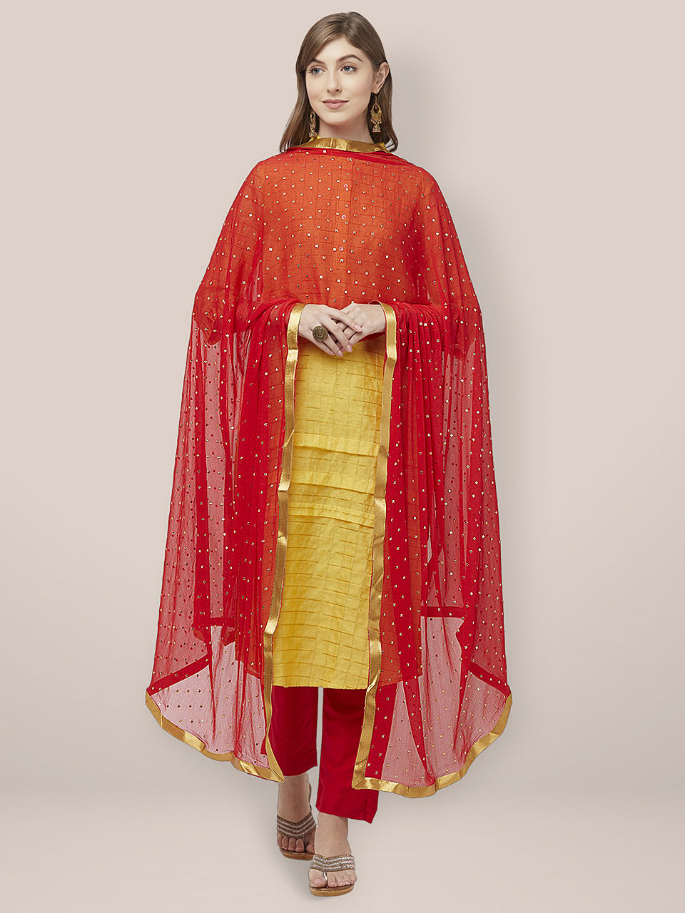 Embellished Red Chiffon Dupatta. freeshipping - Dupatta Bazaar