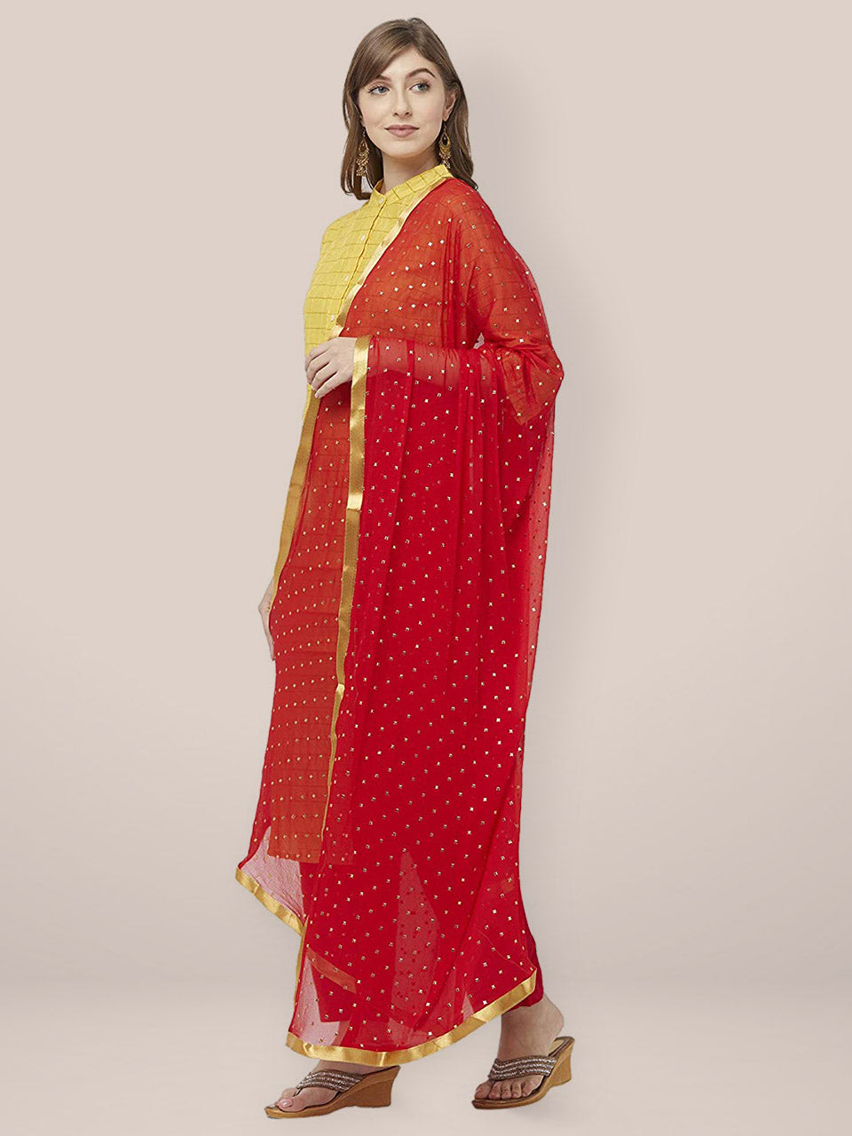 Embellished Red Chiffon Dupatta. freeshipping - Dupatta Bazaar