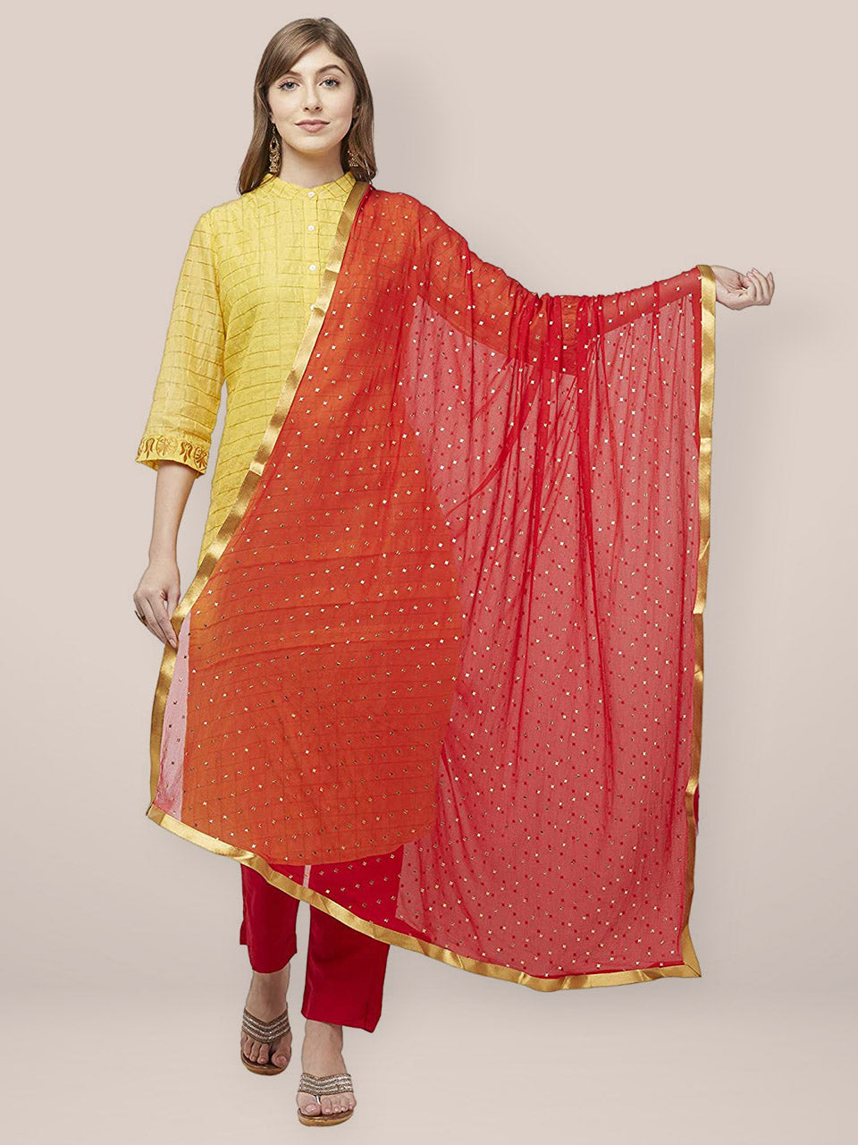 Embellished Red Chiffon Dupatta. freeshipping - Dupatta Bazaar