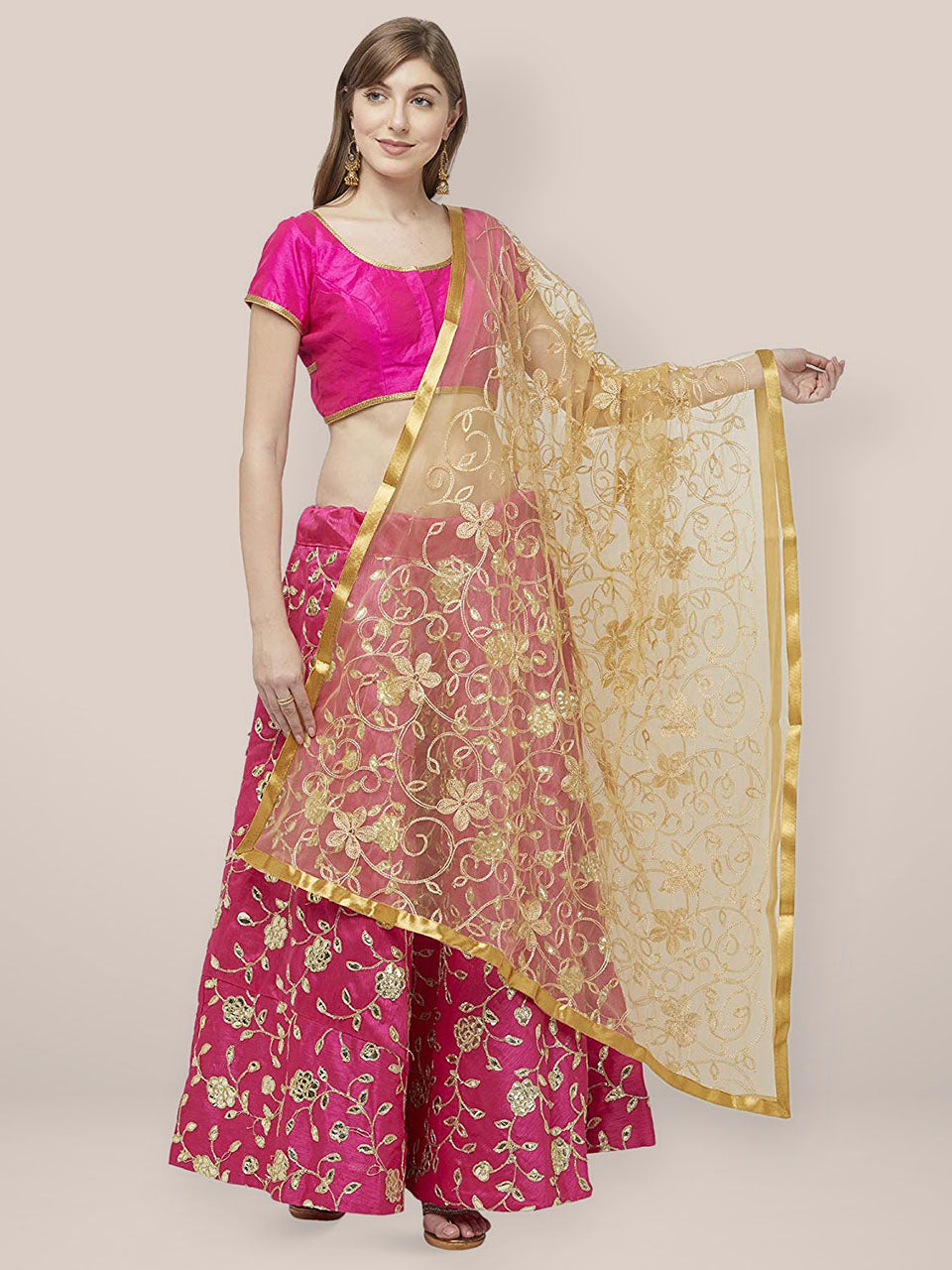 Embroidered Gold Net Dupatta freeshipping - Dupatta Bazaar