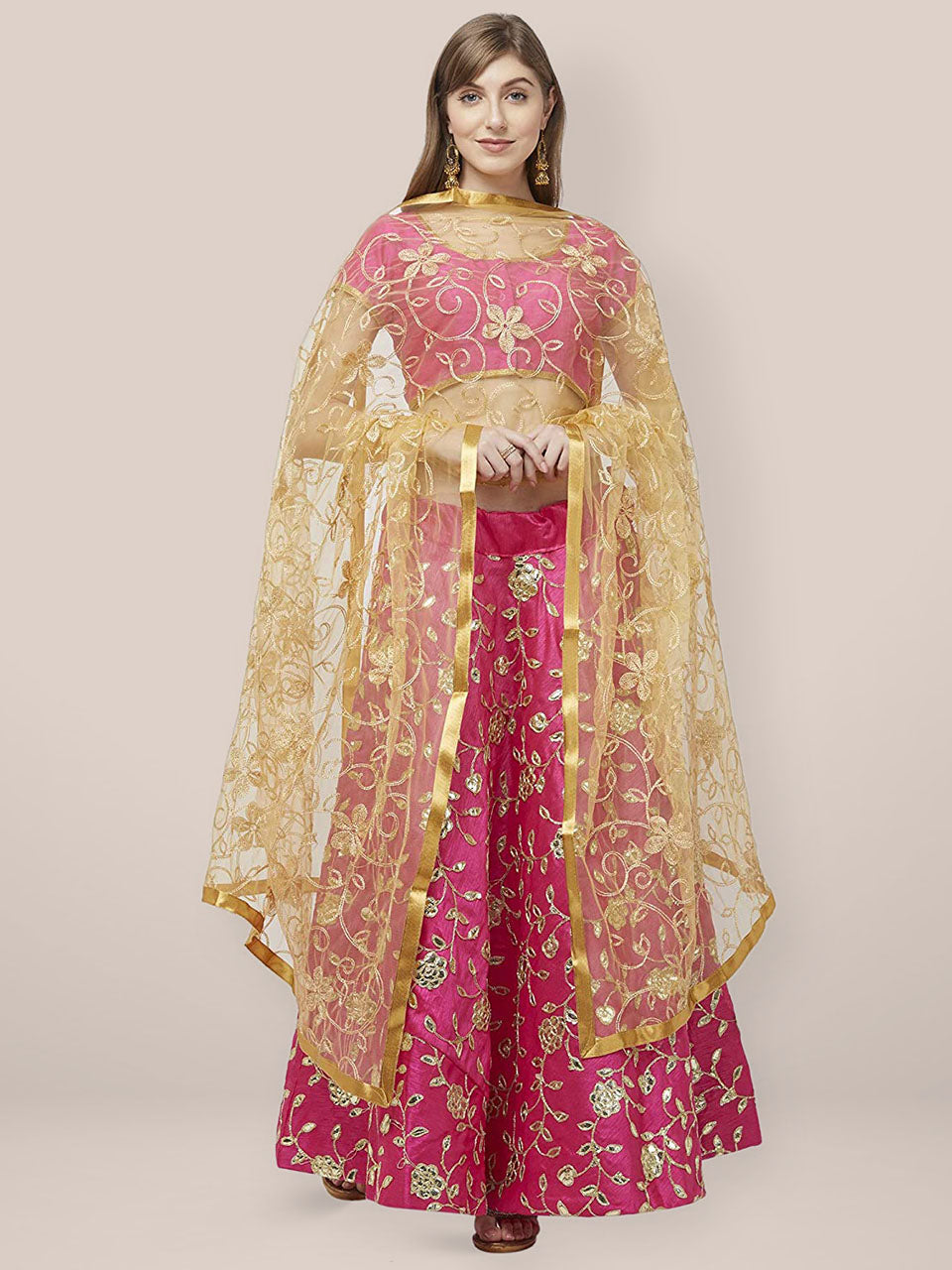Embroidered Gold Net Dupatta freeshipping - Dupatta Bazaar