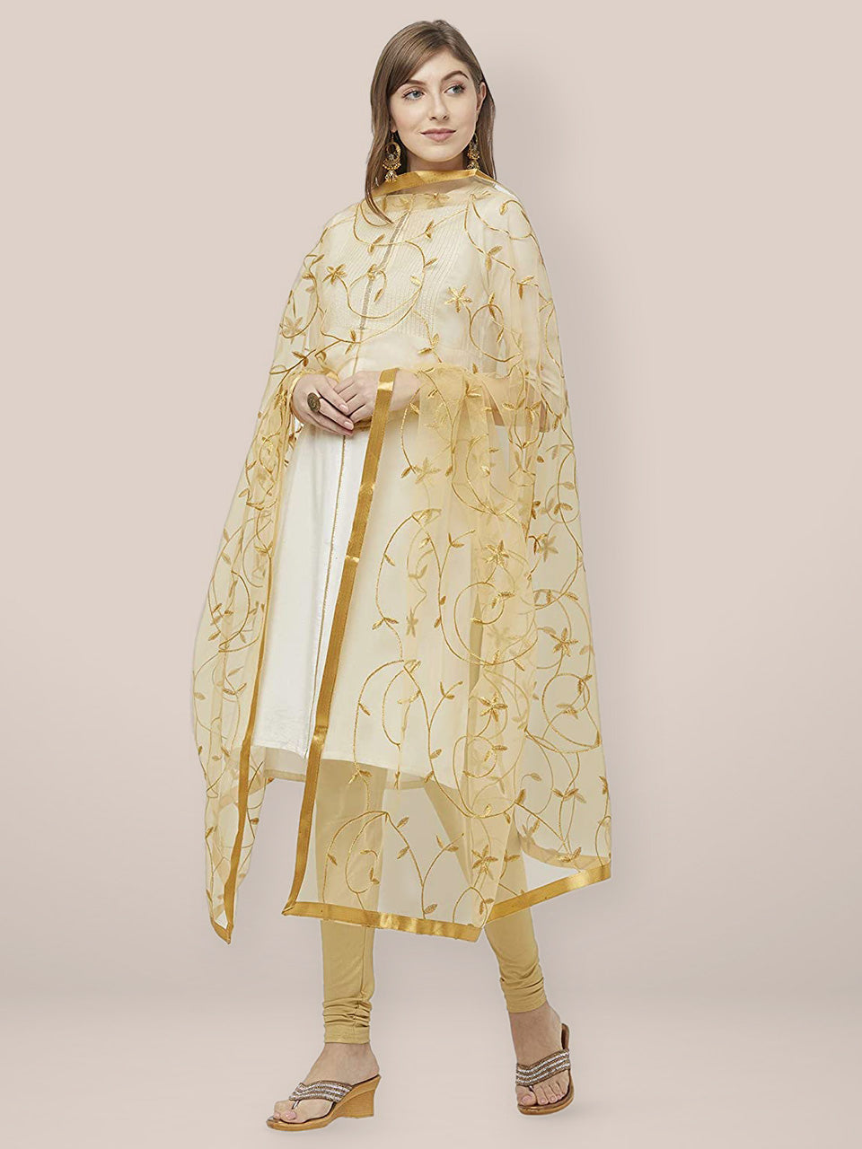 Floral Embroidered Gold Net Dupatta freeshipping - Dupatta Bazaar