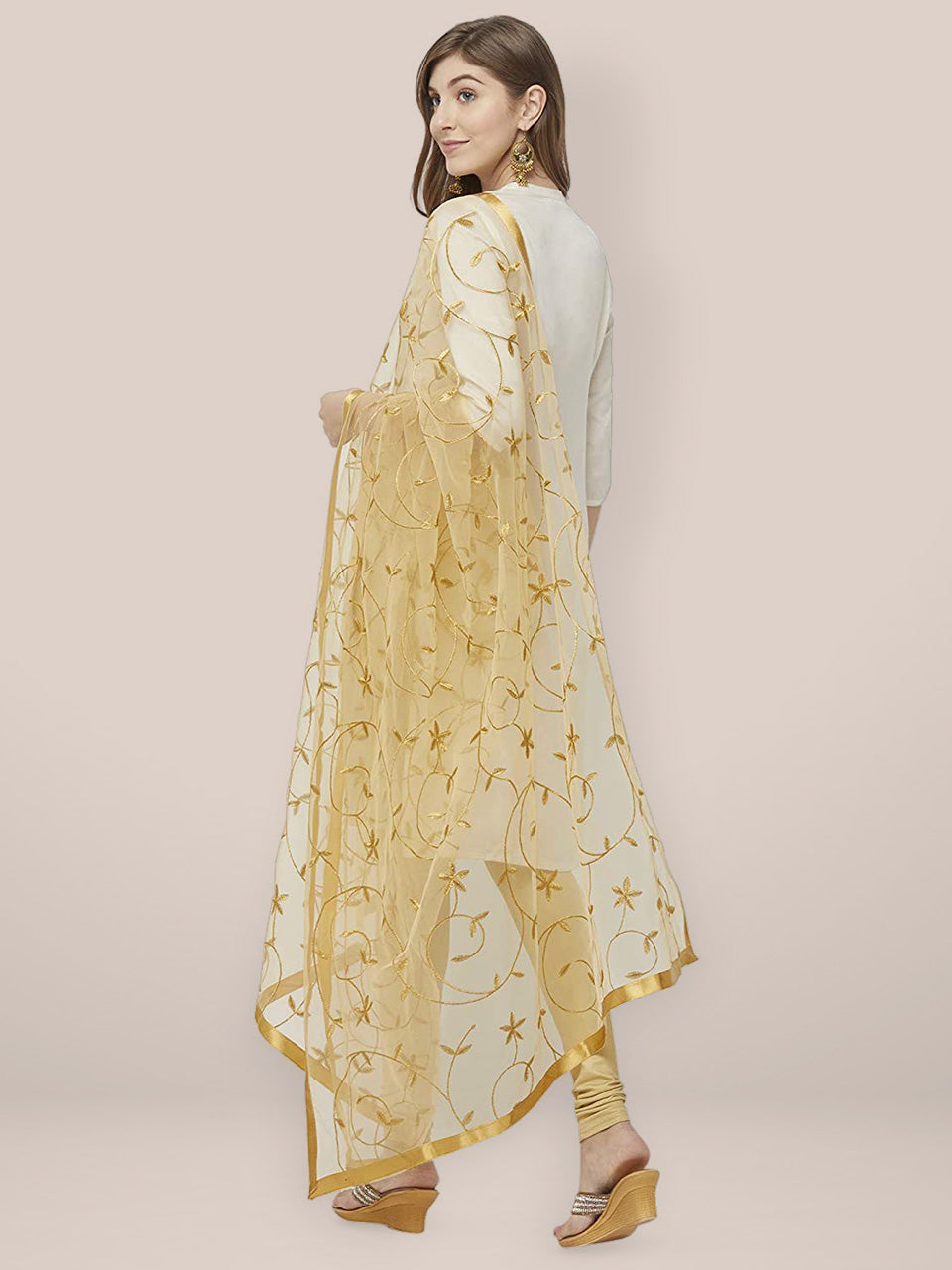 Floral Embroidered Gold Net Dupatta freeshipping - Dupatta Bazaar