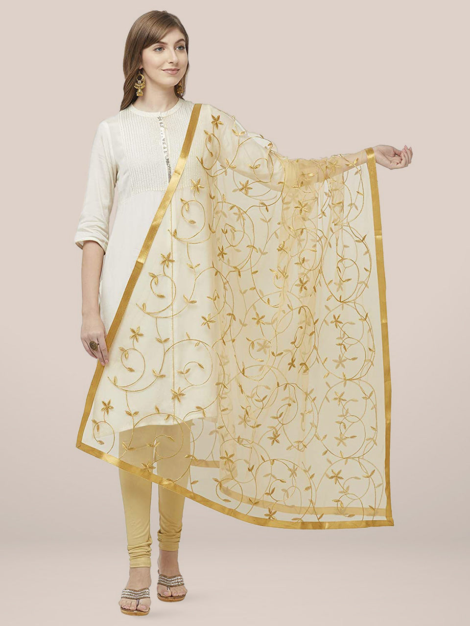 Floral Embroidered Gold Net Dupatta freeshipping - Dupatta Bazaar
