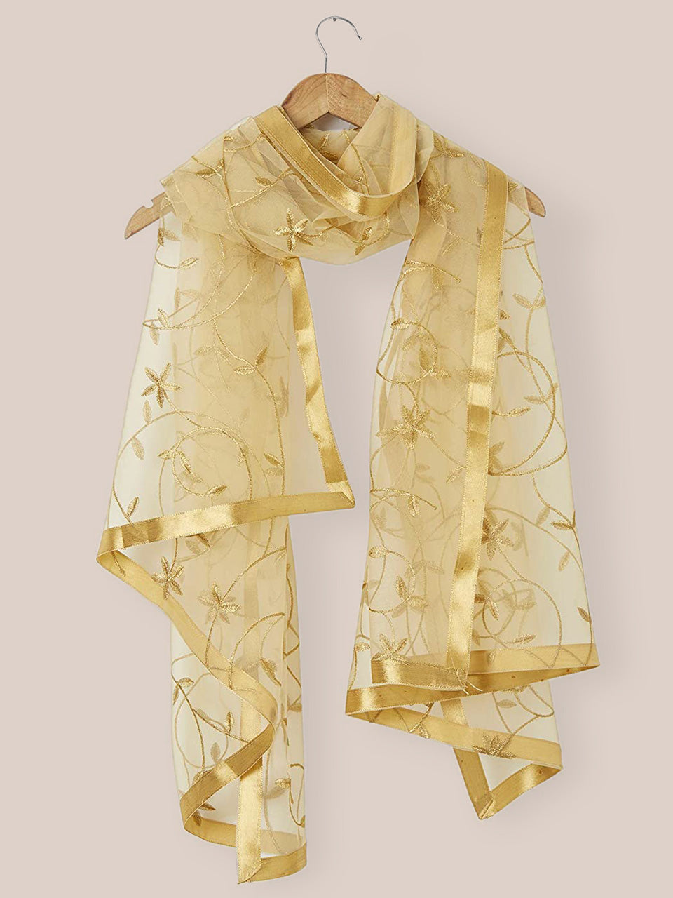 Floral Embroidered Gold Net Dupatta freeshipping - Dupatta Bazaar