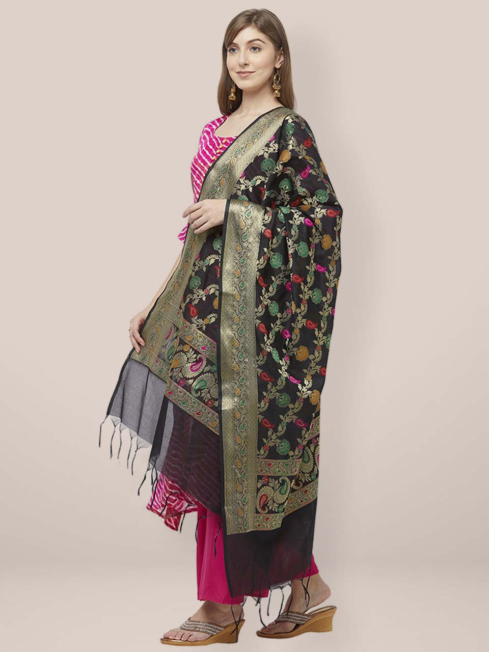 Dupatta Bazaar Woman's Woven Black Banarasi Silk Dupatta freeshipping - Dupatta Bazaar