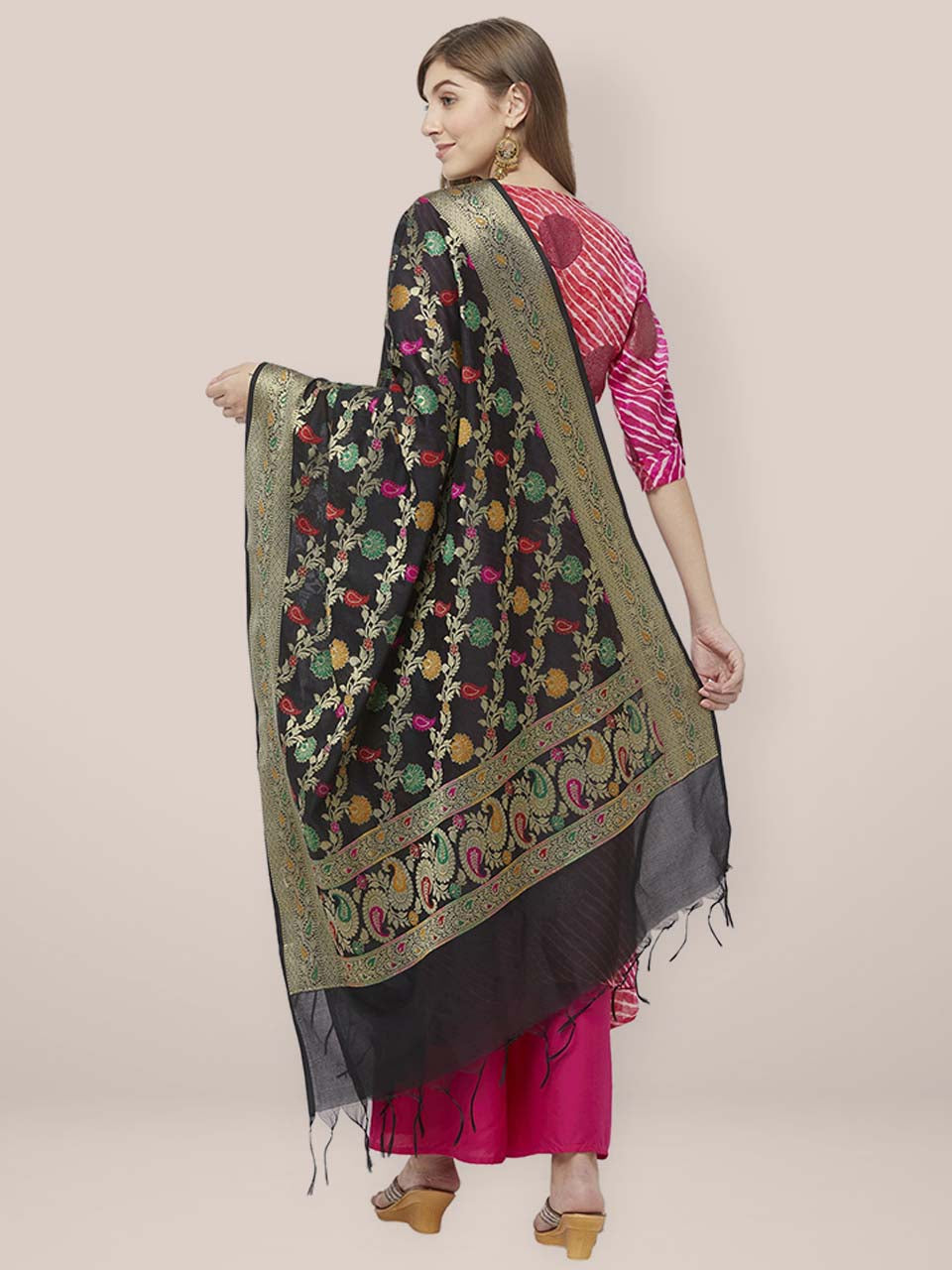 Dupatta Bazaar Woman's Woven Black Banarasi Silk Dupatta freeshipping - Dupatta Bazaar