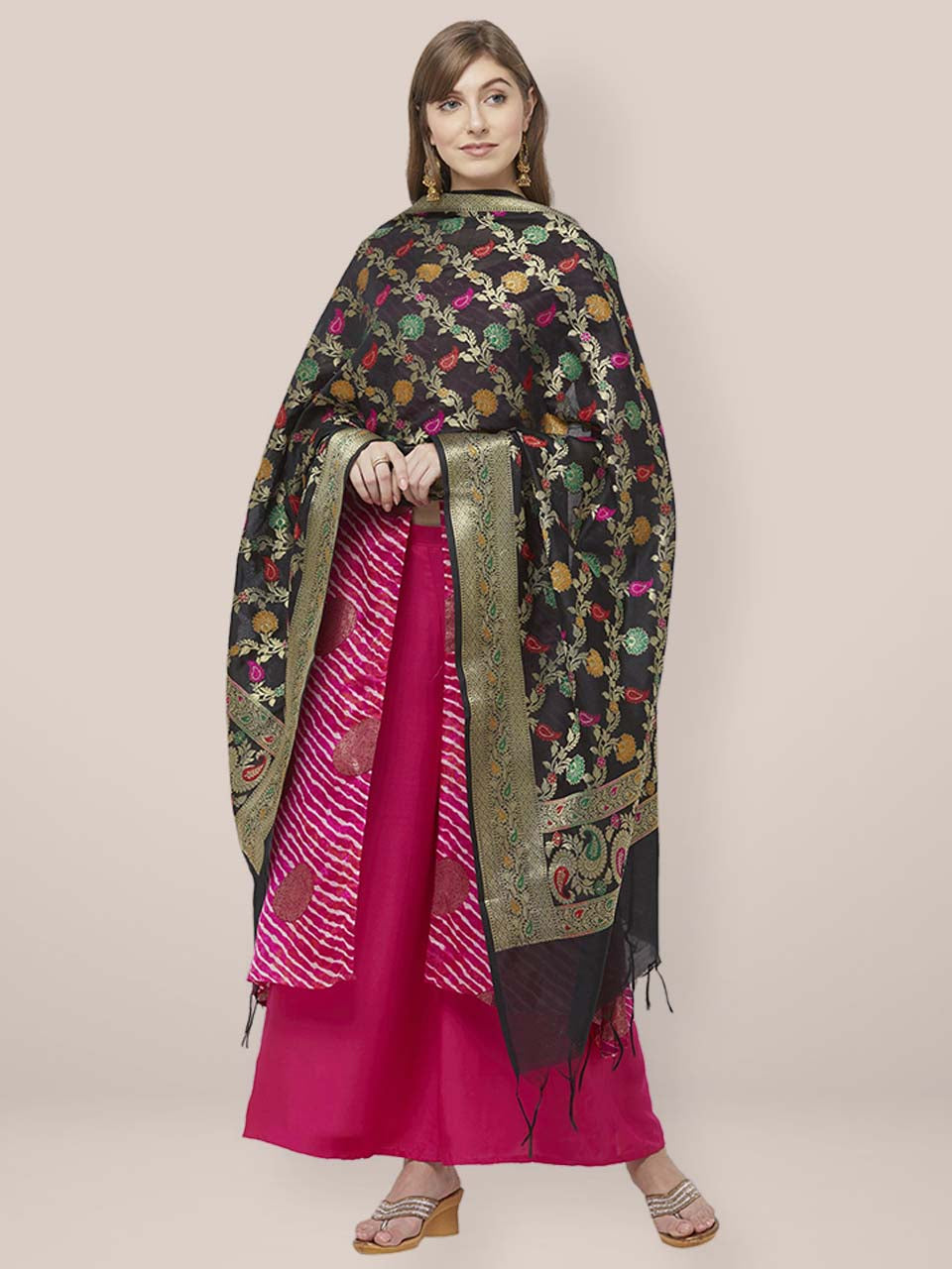 Dupatta Bazaar Woman's Woven Black Banarasi Silk Dupatta freeshipping - Dupatta Bazaar