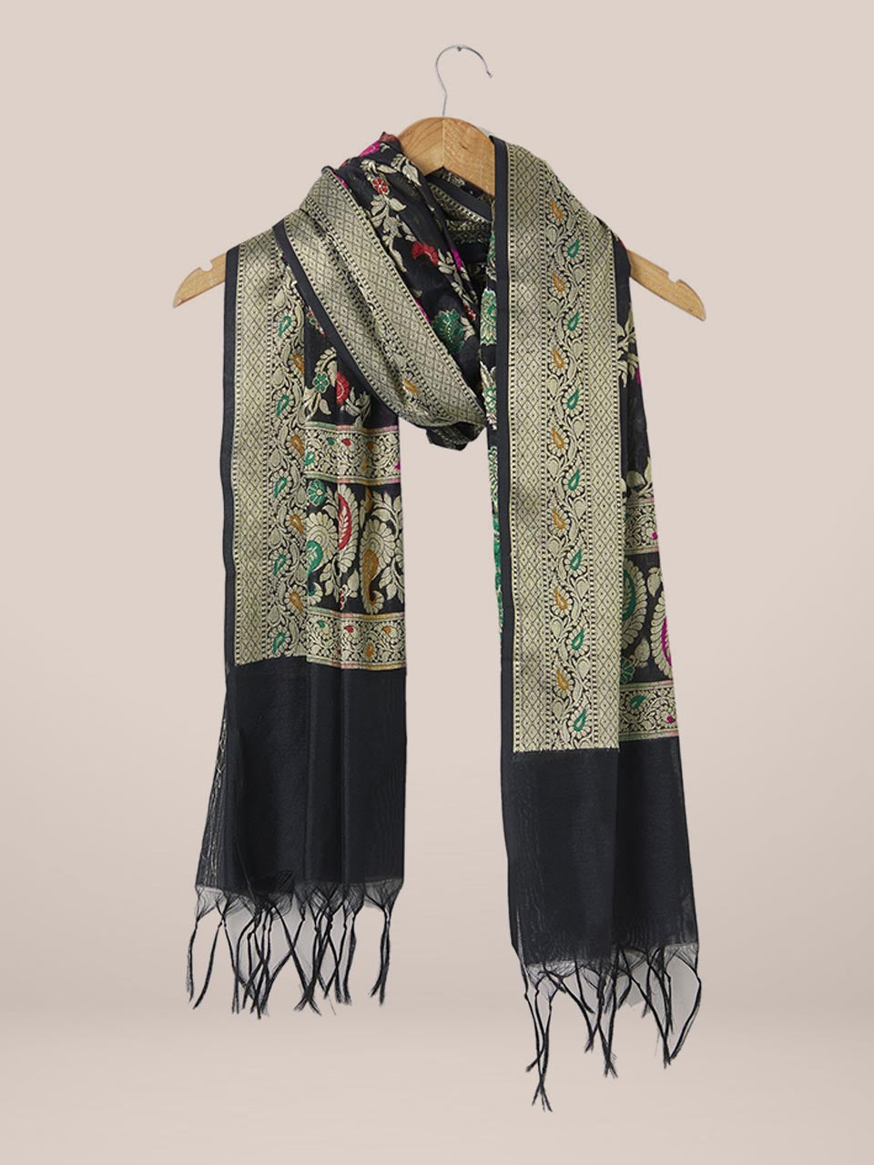 Dupatta Bazaar Woman's Woven Black Banarasi Silk Dupatta freeshipping - Dupatta Bazaar
