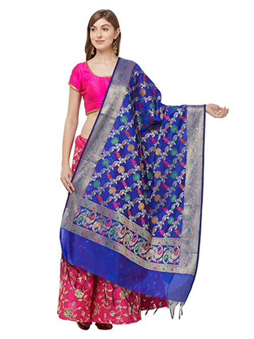 Dupatta Bazaar Woman's Woven Blue Banarasi Silk Dupatta - Dupatta Bazaar