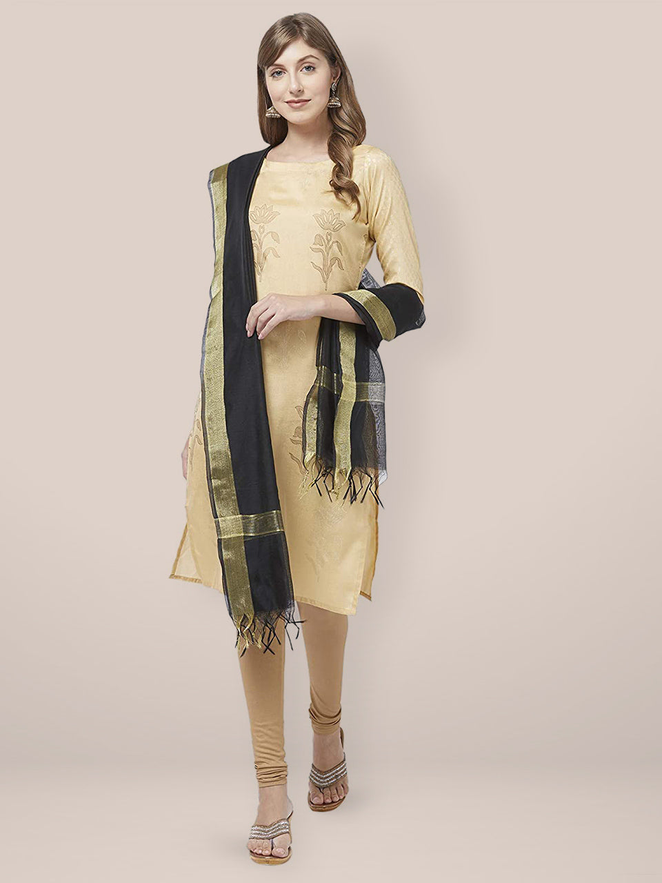 Black Cotton Silk Dupatta with Gold Borders. freeshipping - Dupatta Bazaar