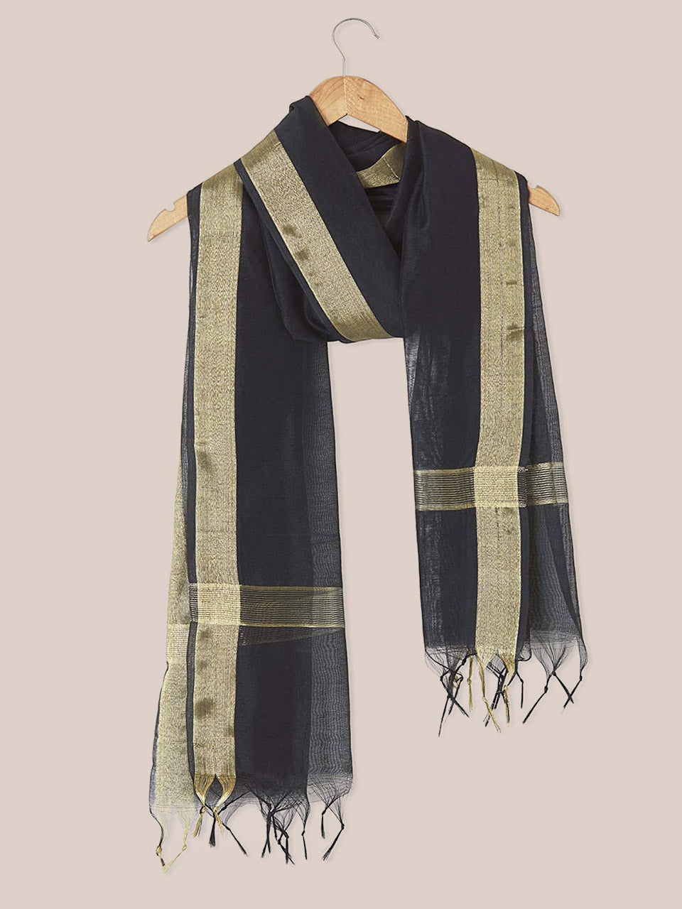 Black Cotton Silk Dupatta with Gold Borders. freeshipping - Dupatta Bazaar