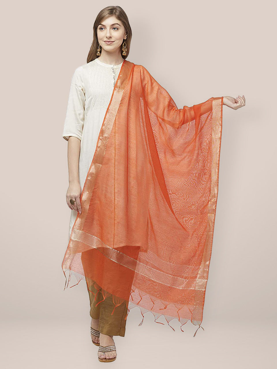 Orange Cotton Silk Dupatta with Gold Borders. freeshipping - Dupatta Bazaar