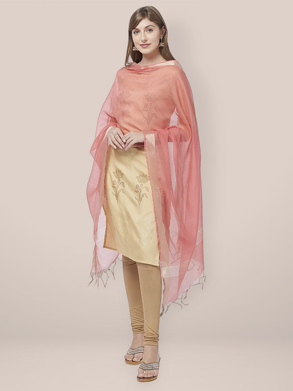 Peach Cotton Silk Dupatta with Gold Borders. freeshipping - Dupatta Bazaar