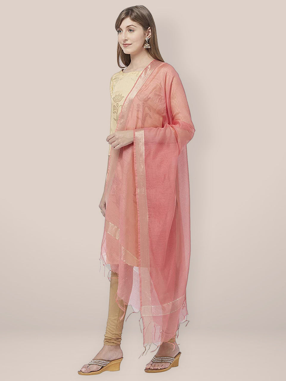 Peach Cotton Silk Dupatta with Gold Borders. freeshipping - Dupatta Bazaar