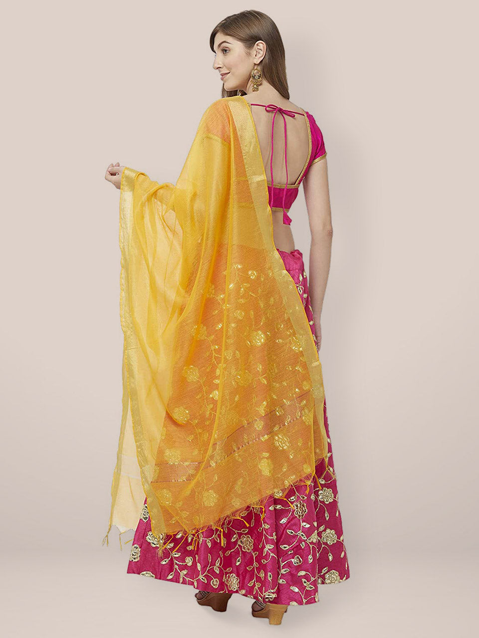 Yellow Cotton Silk Dupatta with Gold Borders. freeshipping - Dupatta Bazaar