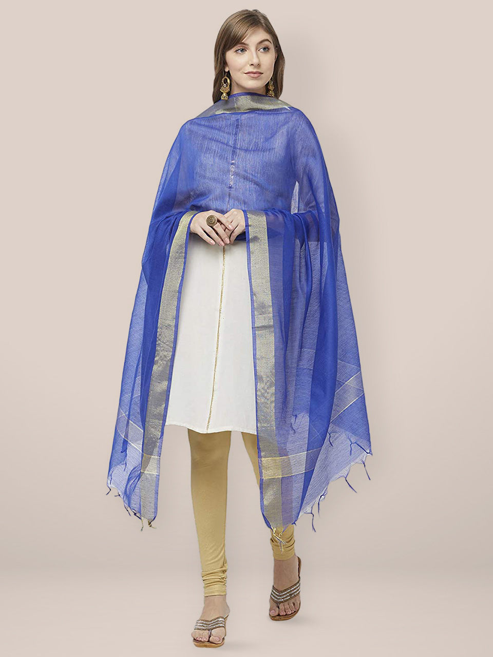 Blue Cotton Silk Dupatta with Gold Borders. freeshipping - Dupatta Bazaar