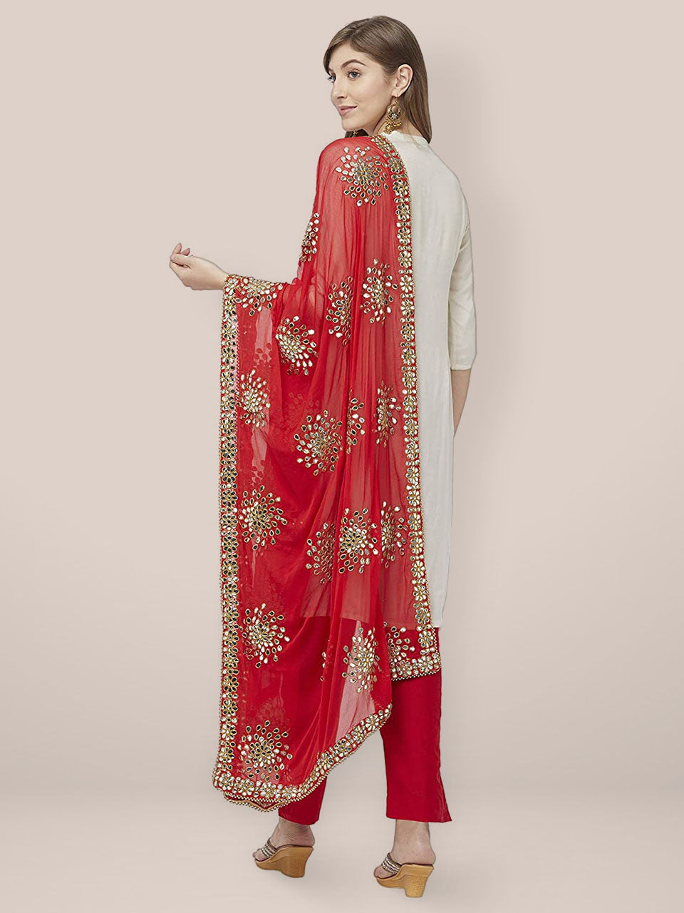 Embellished Red Chiffon Dupatta. freeshipping - Dupatta Bazaar