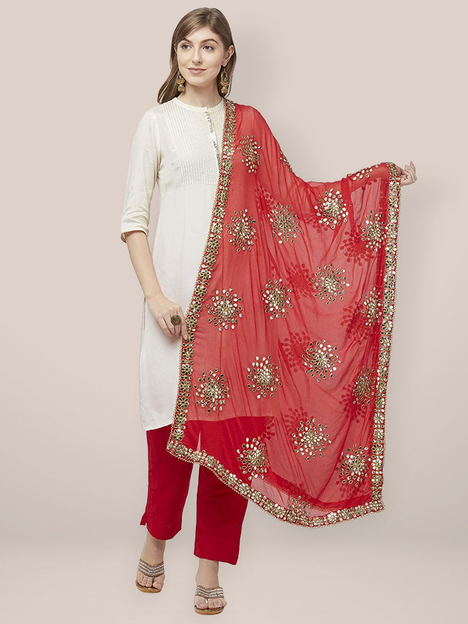 Embellished Red Chiffon Dupatta. freeshipping - Dupatta Bazaar