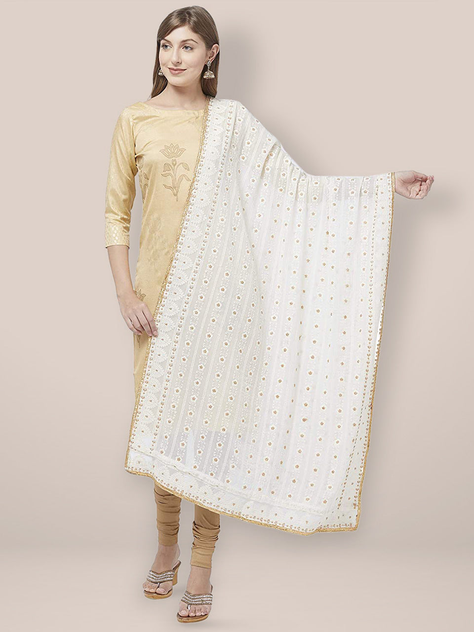 Off White Georgette Dupatta with Lucknowi Embroidery. freeshipping - Dupatta Bazaar