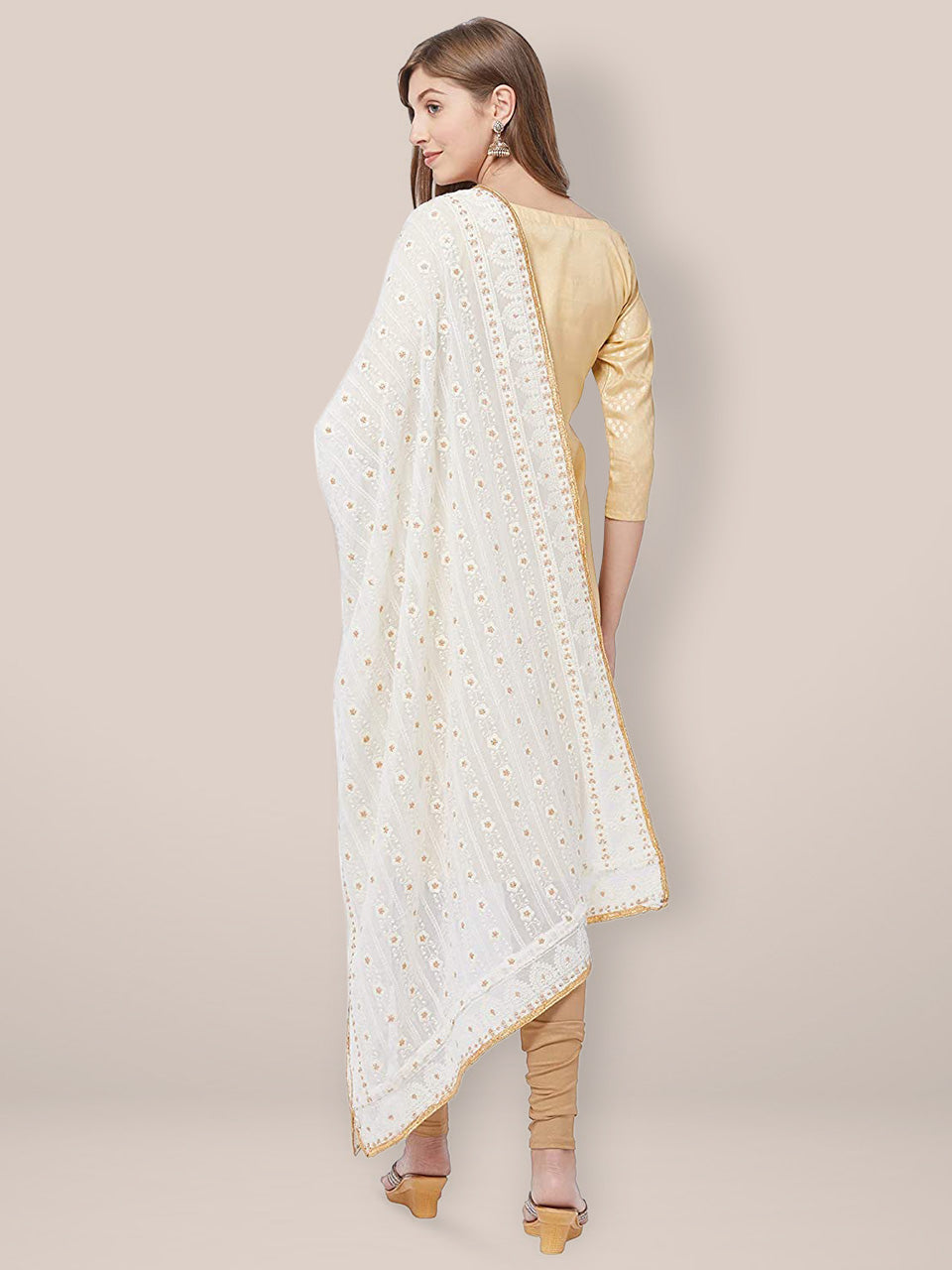 Off White Georgette Dupatta with Lucknowi Embroidery. freeshipping - Dupatta Bazaar