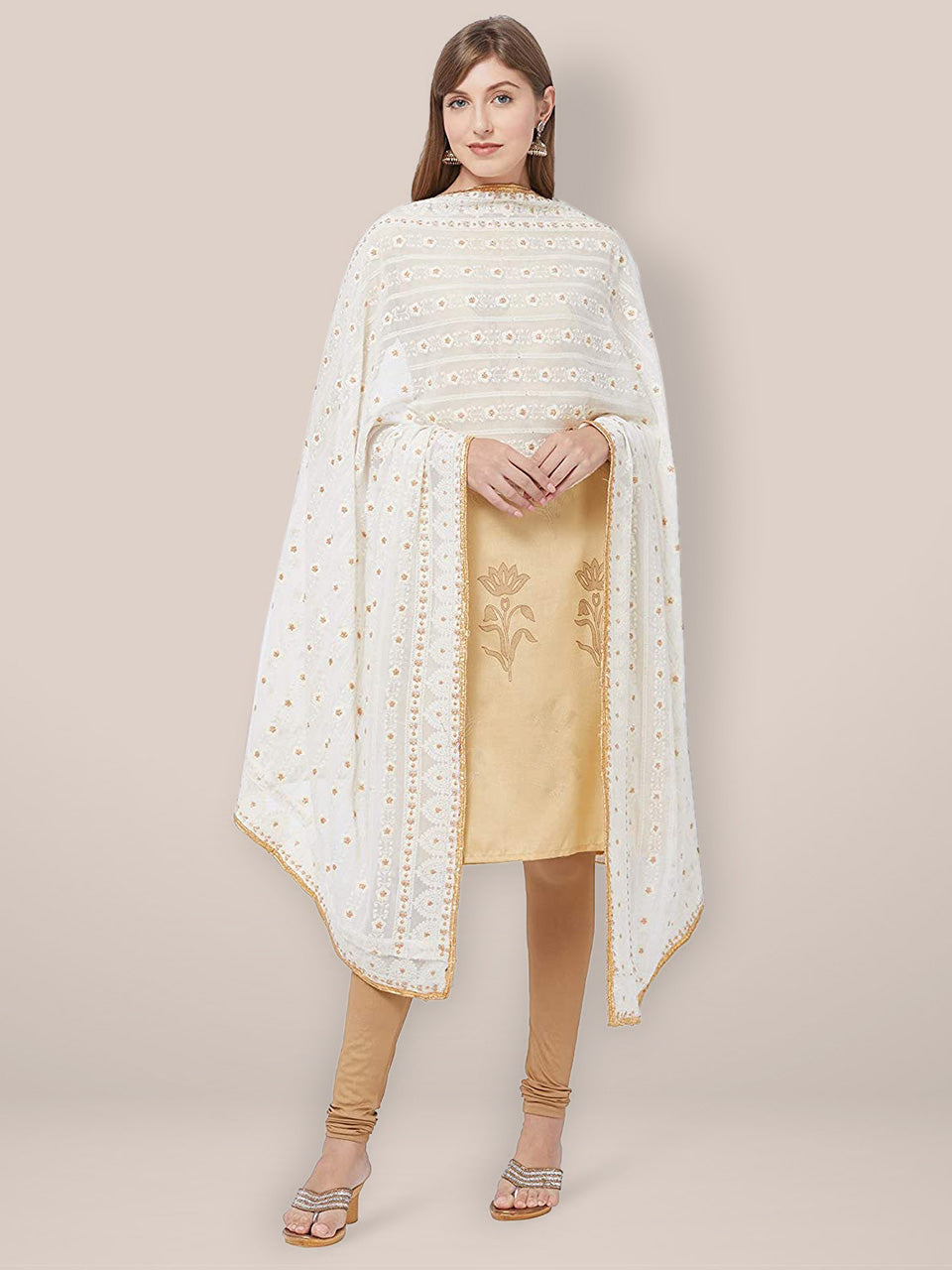 Off White Georgette Dupatta with Lucknowi Embroidery. freeshipping - Dupatta Bazaar