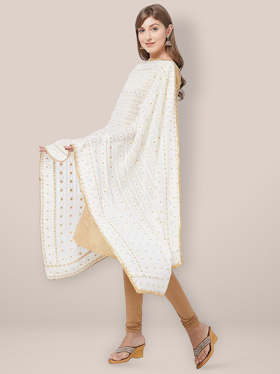Off White Georgette Dupatta with Lucknowi Embroidery. freeshipping - Dupatta Bazaar