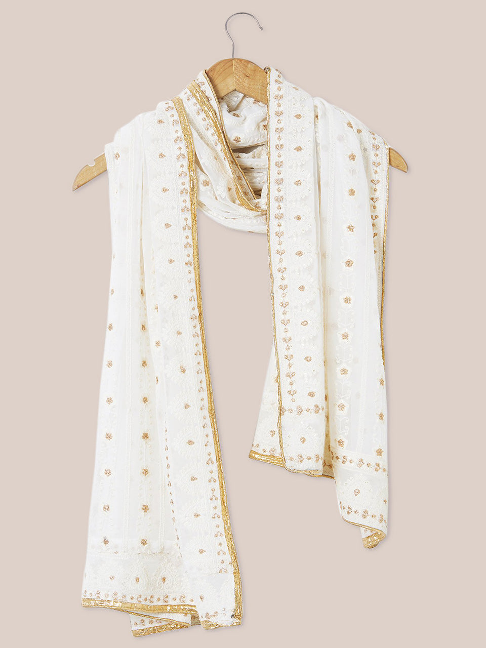Off White Georgette Dupatta with Lucknowi Embroidery. freeshipping - Dupatta Bazaar