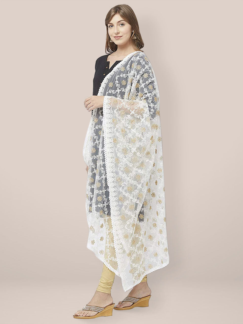 Ivory Net Dupatta with Lucknowi Embroidery. freeshipping - Dupatta Bazaar