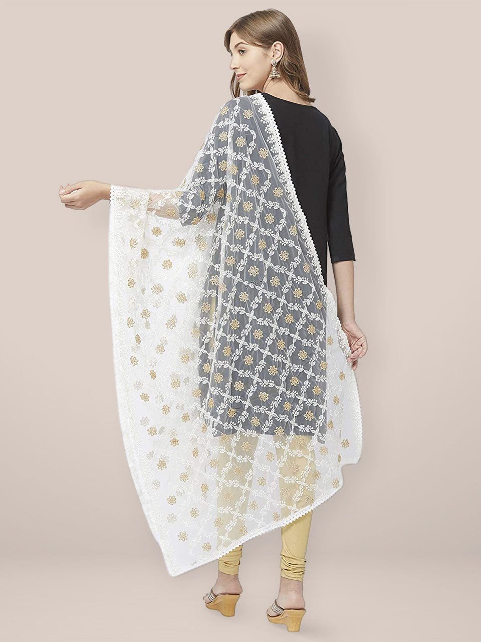 Ivory Net Dupatta with Lucknowi Embroidery. freeshipping - Dupatta Bazaar