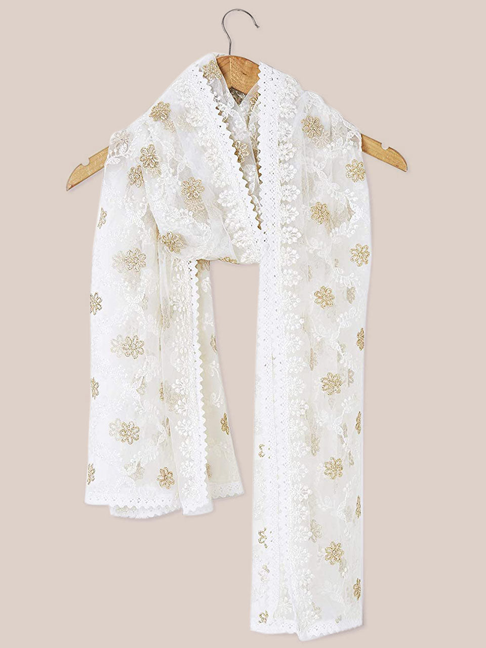 Ivory Net Dupatta with Lucknowi Embroidery. freeshipping - Dupatta Bazaar