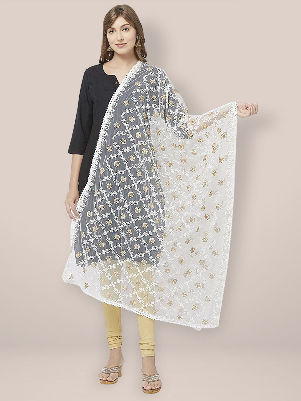 Ivory Net Dupatta with Lucknowi Embroidery. freeshipping - Dupatta Bazaar