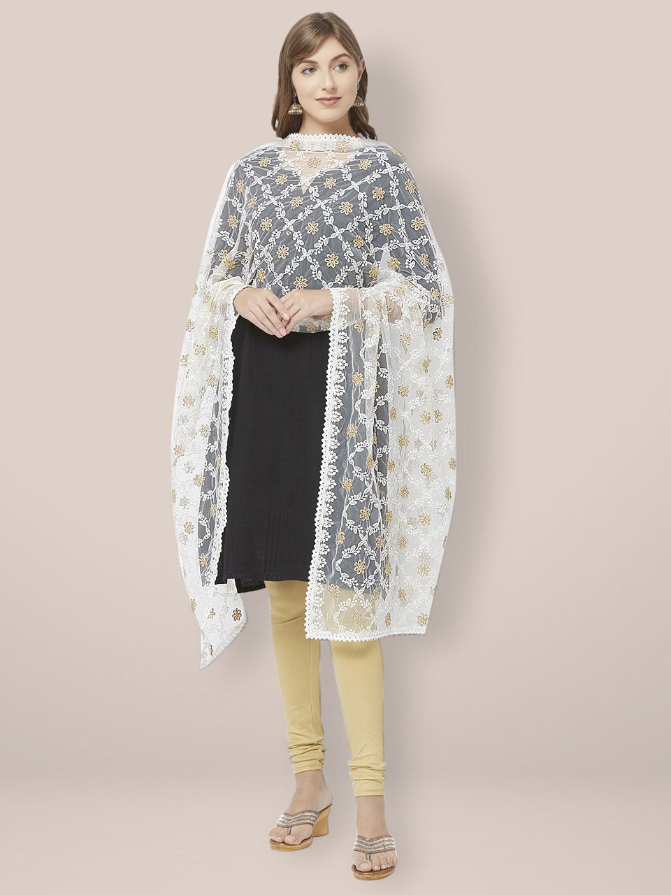 Ivory Net Dupatta with Lucknowi Embroidery. freeshipping - Dupatta Bazaar