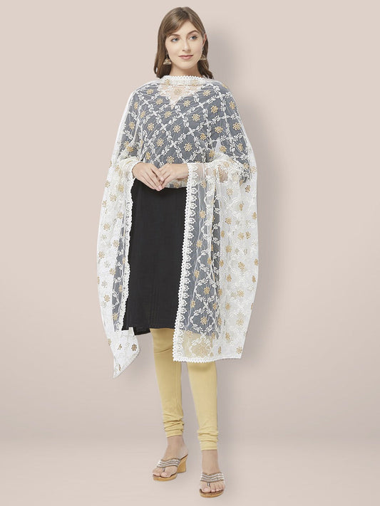 Ivory Net Dupatta with Lucknowi Embroidery. freeshipping - Dupatta Bazaar
