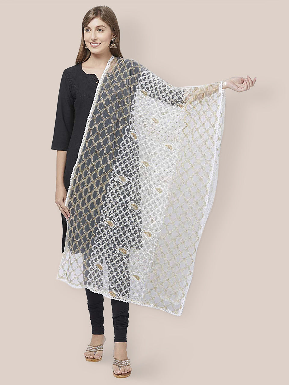 Off White Net Dupatta with Lucknowi Embroidery. freeshipping - Dupatta Bazaar