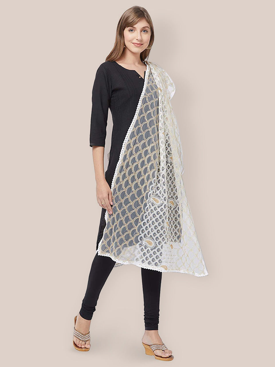 Off White Net Dupatta with Lucknowi Embroidery. freeshipping - Dupatta Bazaar
