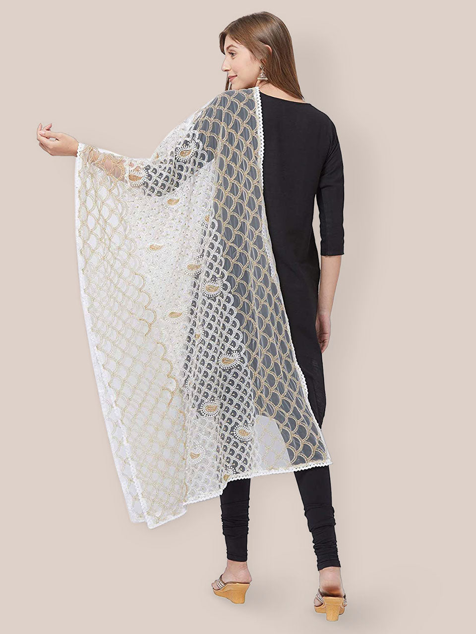 Off White Net Dupatta with Lucknowi Embroidery. freeshipping - Dupatta Bazaar