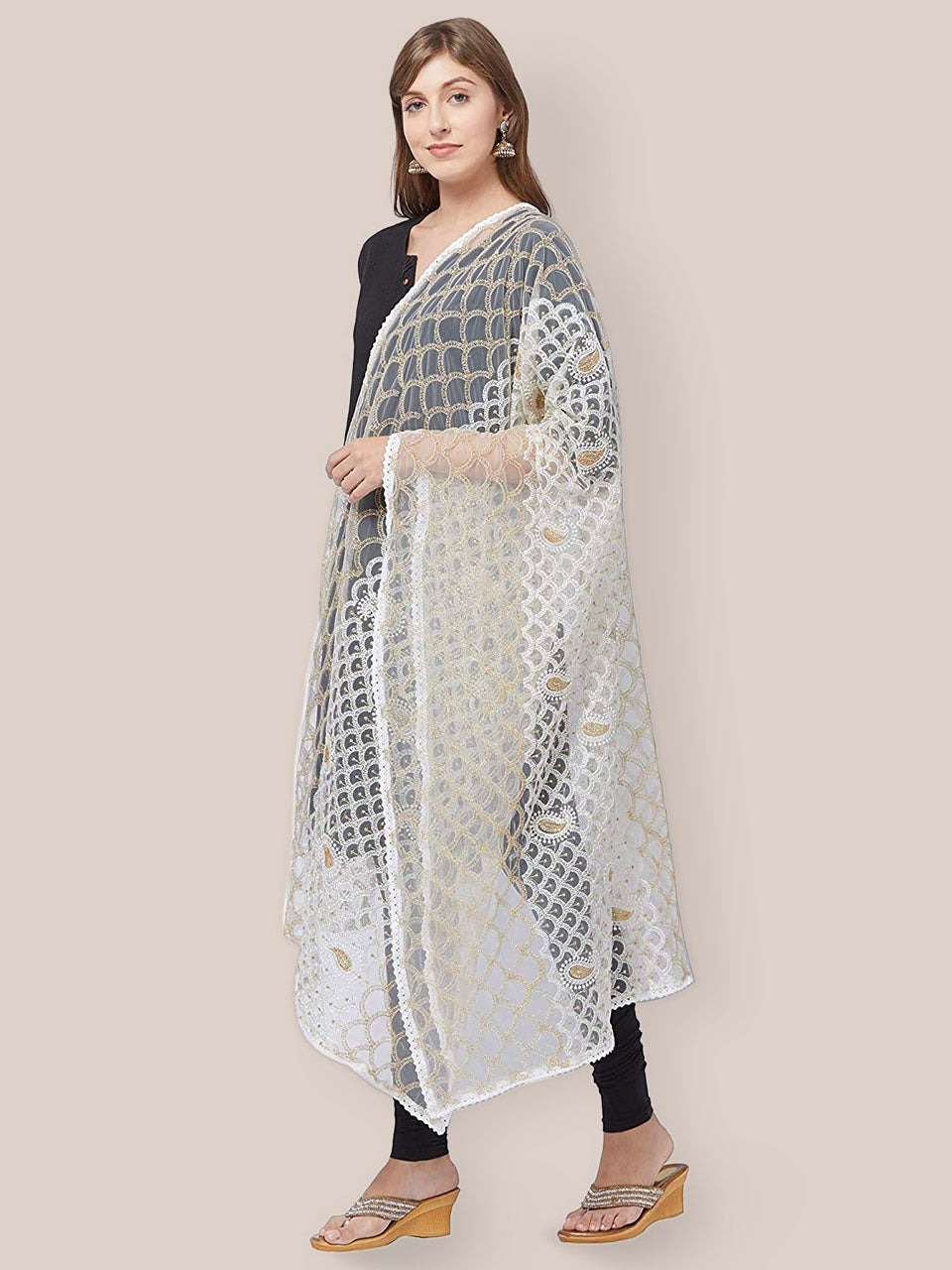 Off White Net Dupatta with Lucknowi Embroidery. freeshipping - Dupatta Bazaar