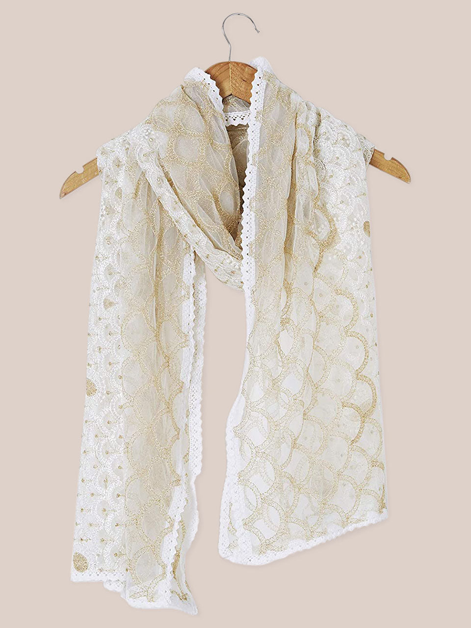 Off White Net Dupatta with Lucknowi Embroidery. freeshipping - Dupatta Bazaar
