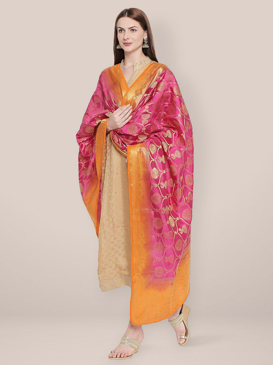 Pink & Orange Banarasi Silk Dupatta freeshipping - Dupatta Bazaar
