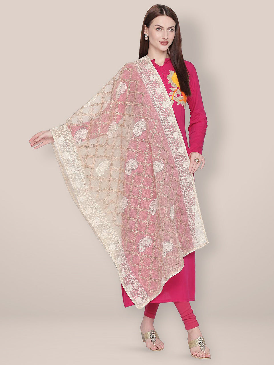 Cream & Gold Cotton Silk dupatta with Lucknowi Embroidery. freeshipping - Dupatta Bazaar