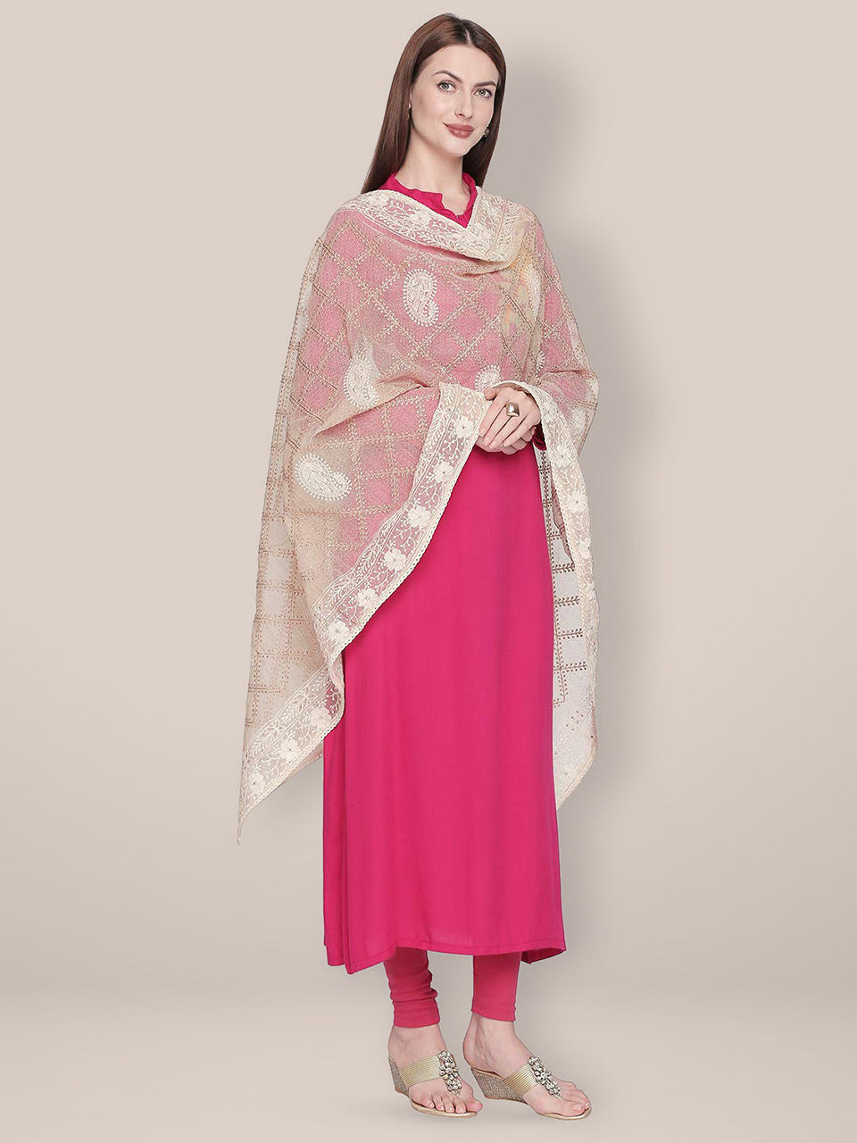 Cream & Gold Cotton Silk dupatta with Lucknowi Embroidery. freeshipping - Dupatta Bazaar