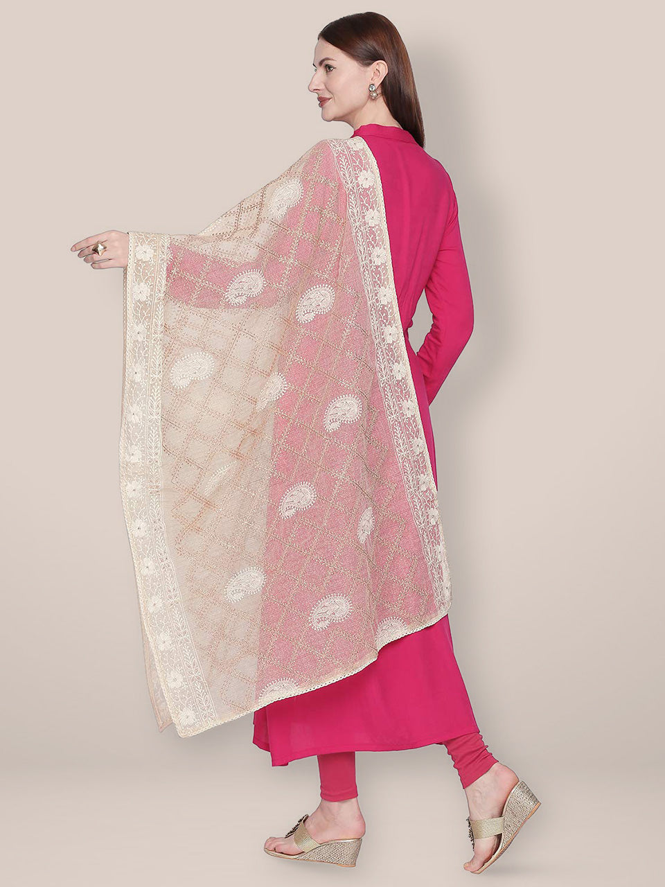 Cream & Gold Cotton Silk dupatta with Lucknowi Embroidery. freeshipping - Dupatta Bazaar